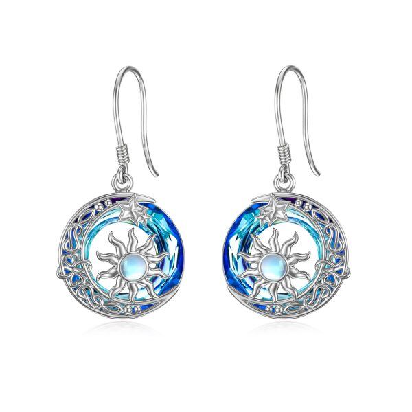 Sterling Silver Sun and Moon Dangle Earrings With Circle Crystal-0