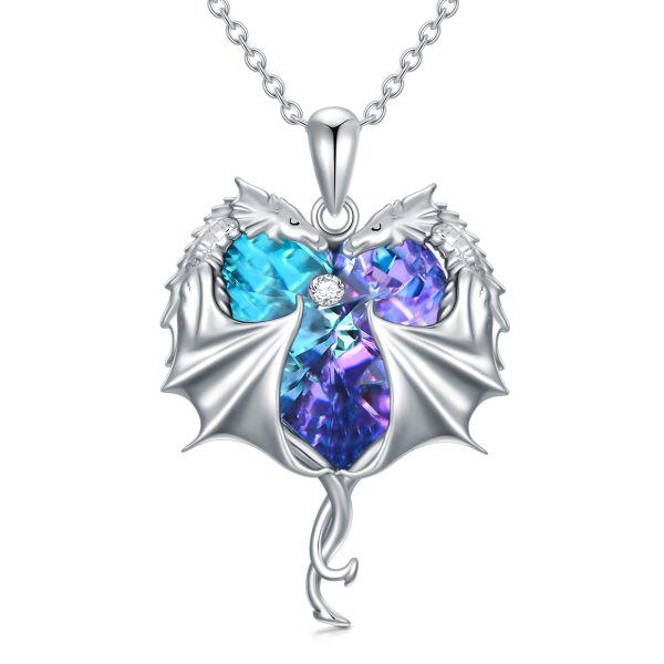 Sterling Silver Dragon Heart Pendant Necklace With Blue Crystal-0