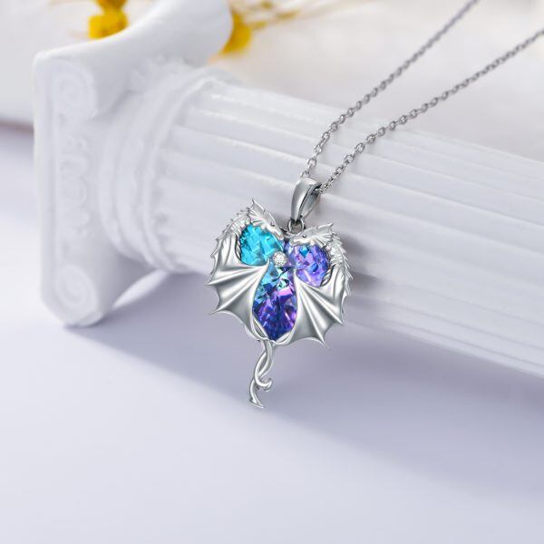 Sterling Silver Dragon Heart Pendant Necklace With Blue Crystal-3