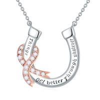 wholesale 925 Sterling Silver Horseshoe & Pink Ribbon Breast Cancer Awareness Pendant Necklace for Women- Two Tone
