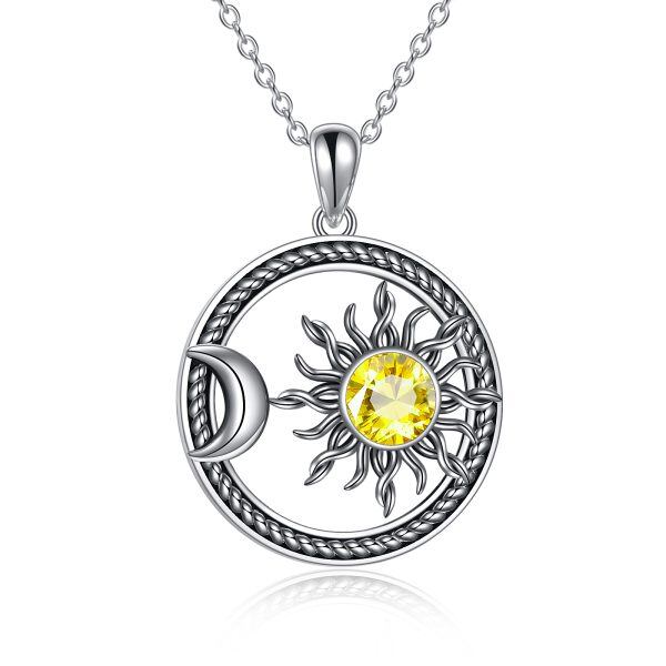 Sterling Silver Crystal Sun and Moon Pendant Necklace-0