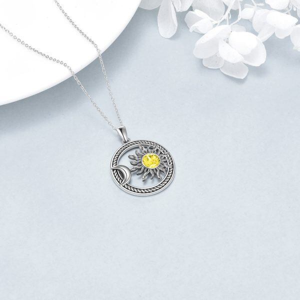 Sterling Silver Crystal Sun and Moon Pendant Necklace-4