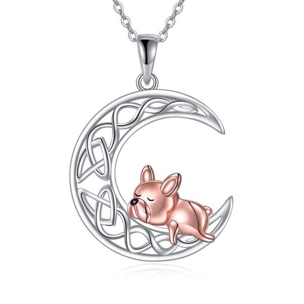 Sterling Silver Celtic Knot Moon & French Bulldog Pendant Necklaces-0