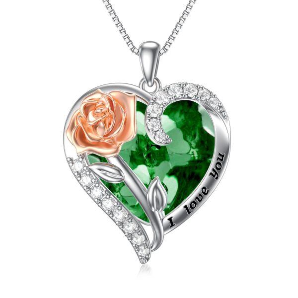 Sterling Silver August Birthstone Heart Crystal Pendant Necklace With Rose Flower-0