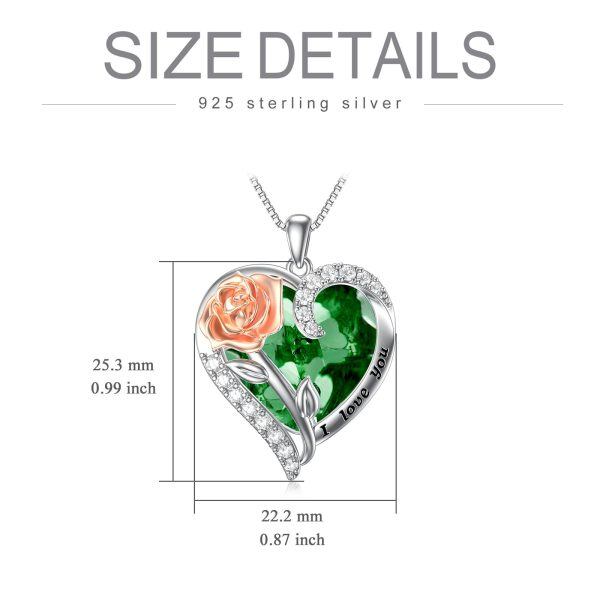 Sterling Silver August Birthstone Heart Crystal Pendant Necklace With Rose Flower-1