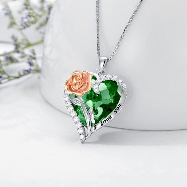 Sterling Silver August Birthstone Heart Crystal Pendant Necklace With Rose Flower-3