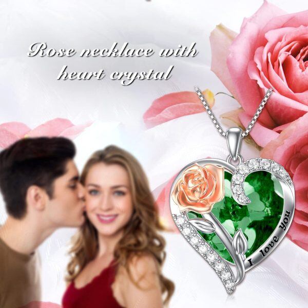 Sterling Silver August Birthstone Heart Crystal Pendant Necklace With Rose Flower-5