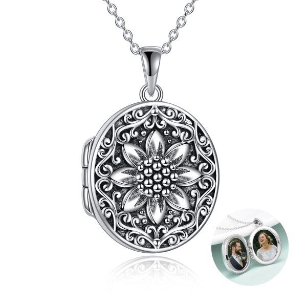 Sterling Silver Oxidized Sunflower Locket Necklace-0