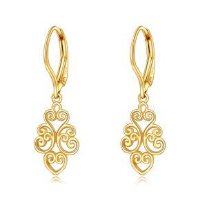 14K Solid Gold Filigree Floral Dangle Drop Earrings-0