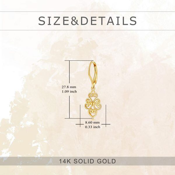 14K Solid Gold Filigree Floral Dangle Drop Earrings-1