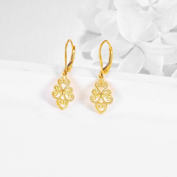 14K Solid Gold Filigree Floral Dangle Drop Earrings-3