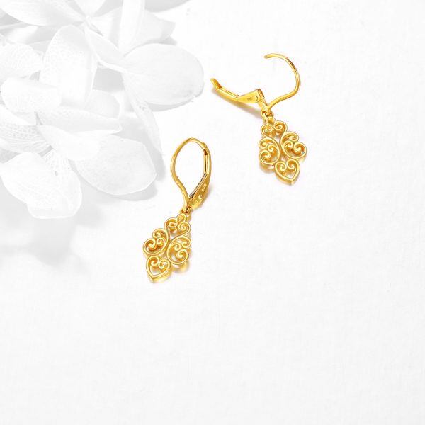 14K Solid Gold Filigree Floral Dangle Drop Earrings-4