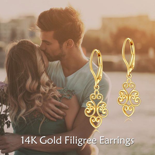 14K Solid Gold Filigree Floral Dangle Drop Earrings-5