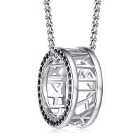 wholesale 925 Sterling Silver Black CZ Runes Pendant Necklace for Women & Men- Rhodium Plated