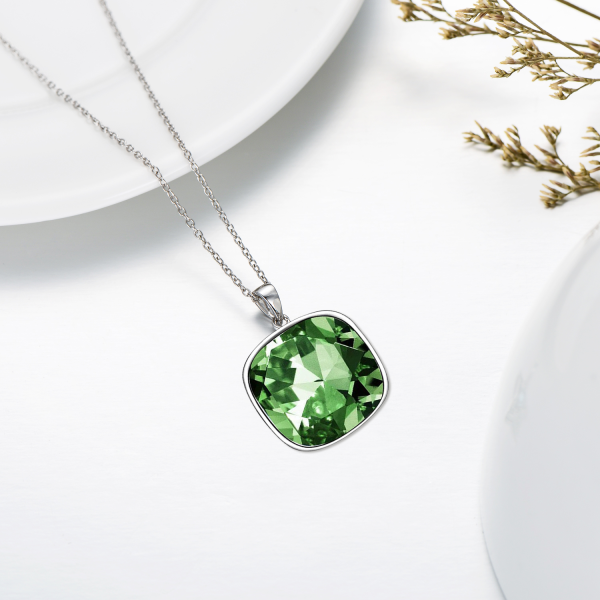 Sterling Silver Square Green Crystal Pendant Necklace-3