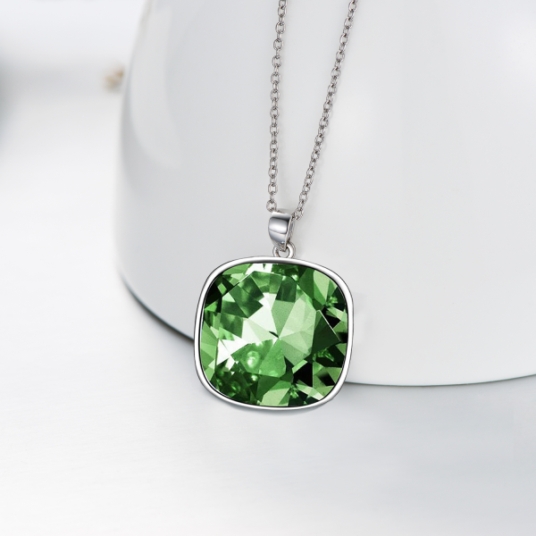 Sterling Silver Square Green Crystal Pendant Necklace-4