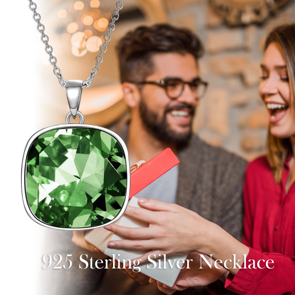 Sterling Silver Square Green Crystal Pendant Necklace-5