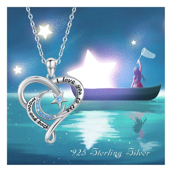 Sterling Silver Moon & Star Heart Pendant Necklace-5