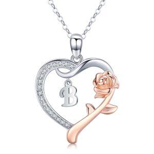 Sterling Silver Initial "B" Letters Rose Heart Pendant Necklace-0