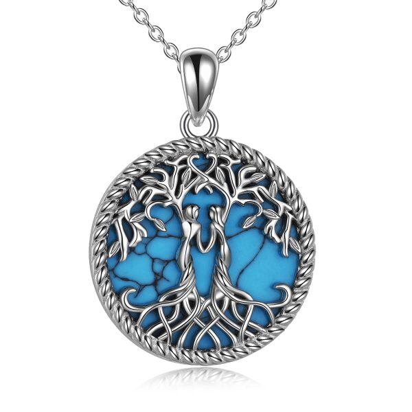 Sterling Silver Tree of Life Sister Turquoise Pendant Necklace-0