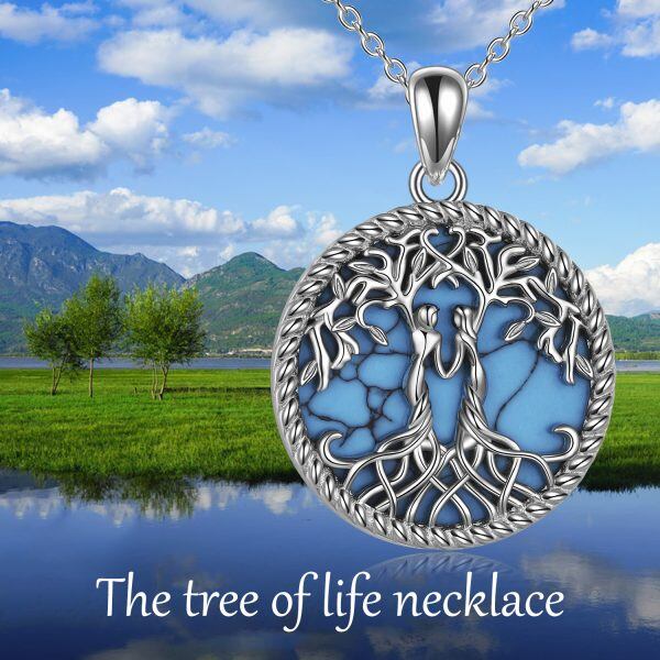 Sterling Silver Tree of Life Sister Turquoise Pendant Necklace-5