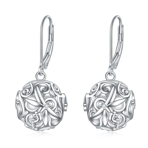 Sterling Silver Ball Cage Filigree Dangle Earrings With Dragonfly-0