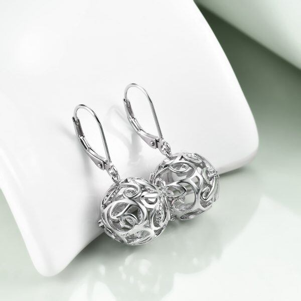 Sterling Silver Ball Cage Filigree Dangle Earrings With Dragonfly-3