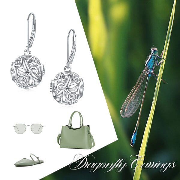 Sterling Silver Ball Cage Filigree Dangle Earrings With Dragonfly-5