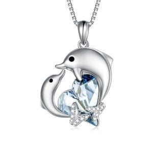 Sterling Silver Dolphin Pendant Necklace With Blue Heart Crystal-0