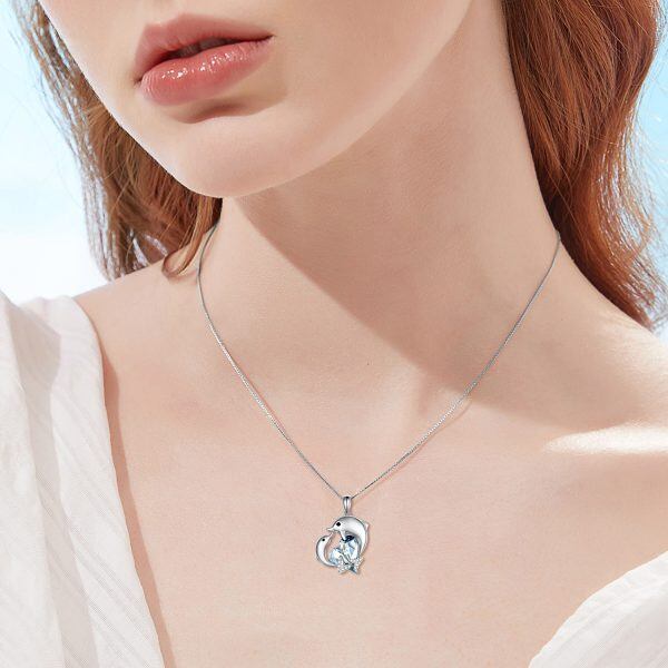 Sterling Silver Dolphin Pendant Necklace With Blue Heart Crystal-2