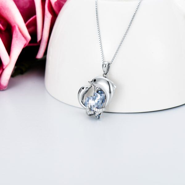 Sterling Silver Dolphin Pendant Necklace With Blue Heart Crystal-3