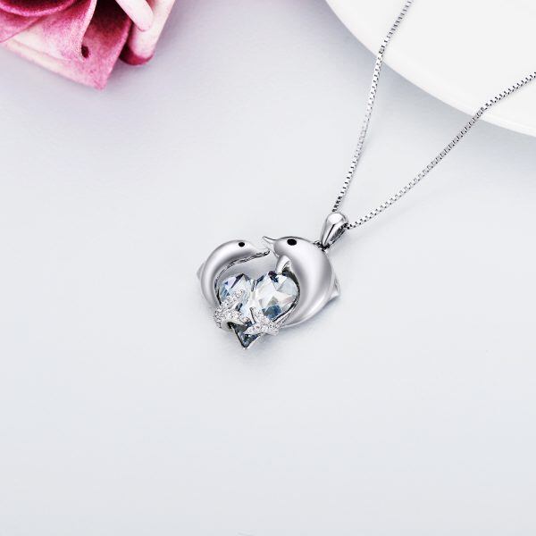 Sterling Silver Dolphin Pendant Necklace With Blue Heart Crystal-4