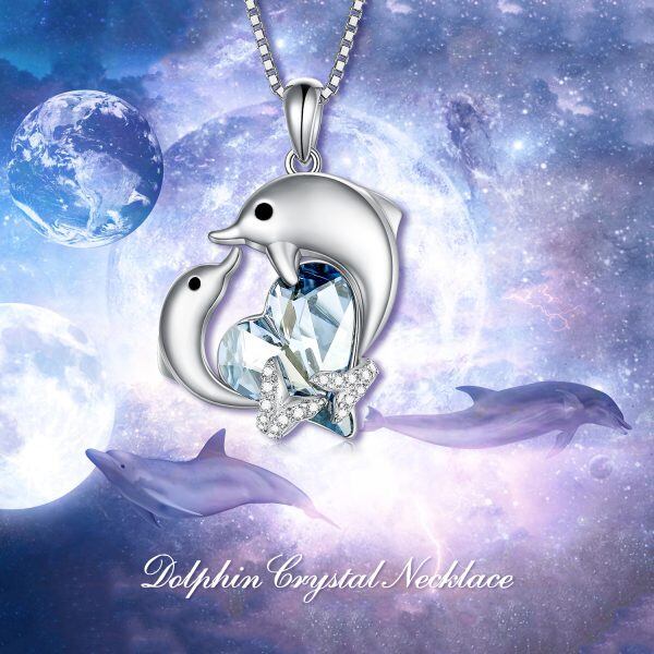 Sterling Silver Dolphin Pendant Necklace With Blue Heart Crystal-5