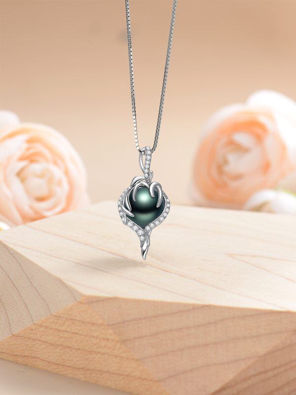 Sterling Silver Black Freshwater Pearl Pendant Necklace-4