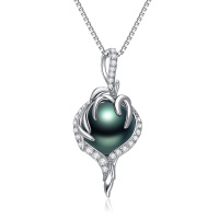 wholesale 925 Sterling Silver Green Freshwater Pearl Pendant with Cubic Zirconia and Heart-Shaped Design Necklace for Women Gifts- Rhodium Plated
