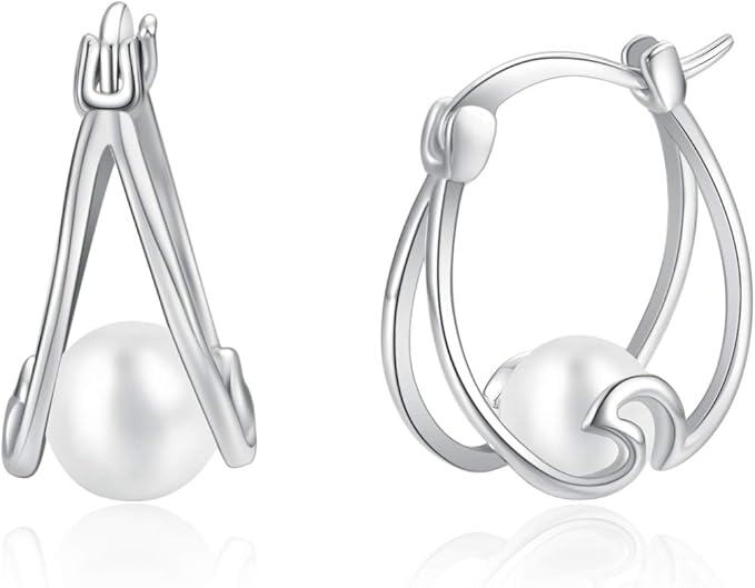 Sterling Silver Pearl Hoop Earring Ocean Wave Earrings for Women - Rhodium Plated- Rhodium Plated