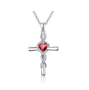 Sterling Silver Cross Pendant Necklace With Red Heart Cubic Zirconia-0