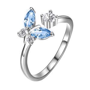 Sterling Silver Blue Crystal Butterfly Adjustable Rings-0