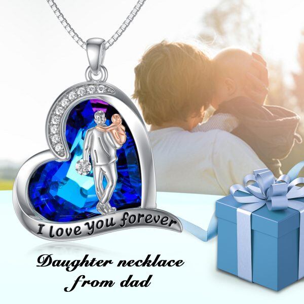 Sterling Silver Crystal Father Daughter Heart Pendant Necklace-2