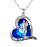 wholesale 925 Sterling Silver Blue Crystal Father & Son Love Forever Heart Pendant Necklace- Two Tone