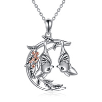 wholesale 925 Sterling Silver Moon & Bats Pendant Necklace - Halloween Gifts for Girls and Women- Two Tone