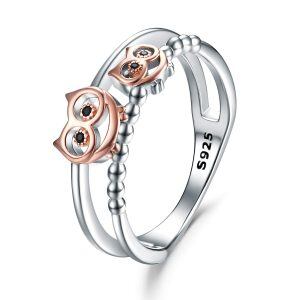 Sterling Silver Rose Gold Plated Owls Stacking Rings-0