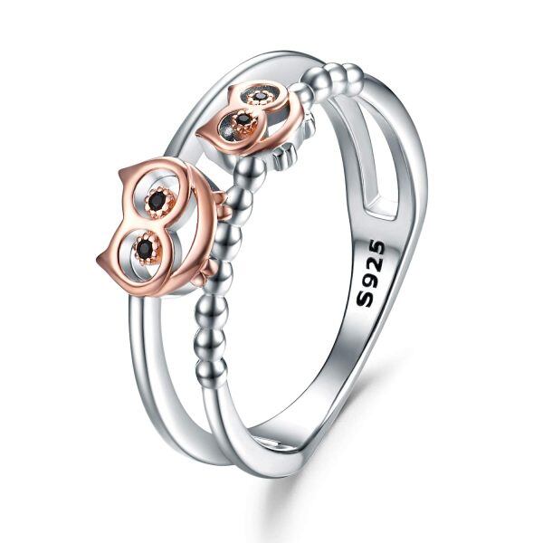 Sterling Silver Rose Gold Plated Owls Stacking Rings-0