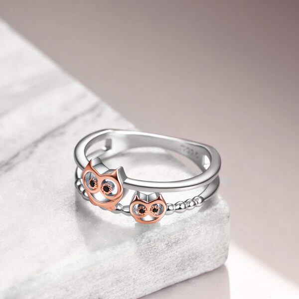 Sterling Silver Rose Gold Plated Owls Stacking Rings-3