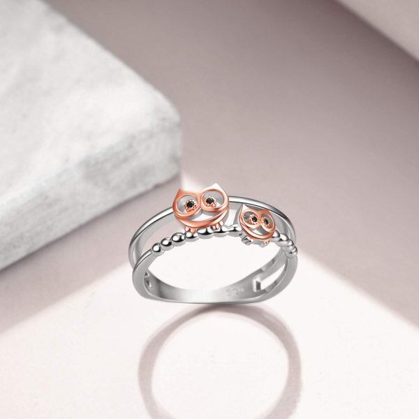 Sterling Silver Rose Gold Plated Owls Stacking Rings-4