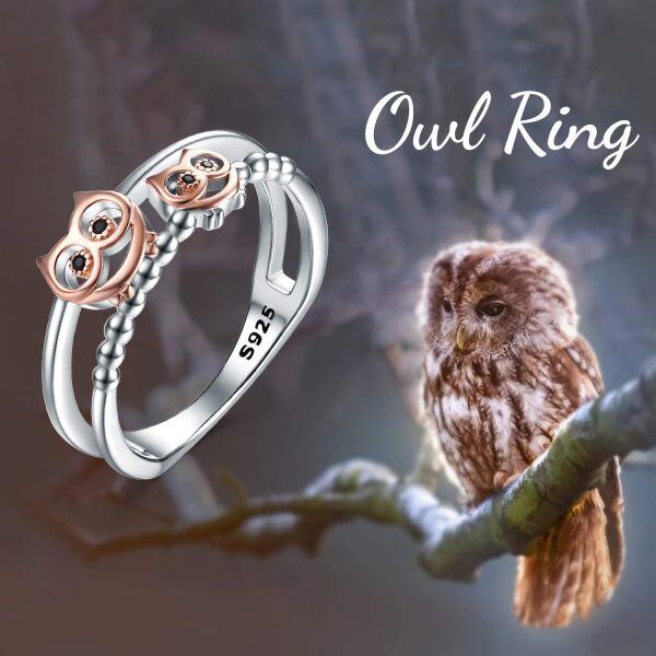 Sterling Silver Rose Gold Plated Owls Stacking Rings-5