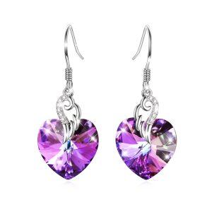 Sterling Silver Heart Purple Crystal Drop Earrings-0