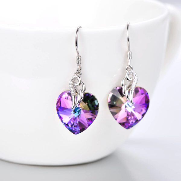 Sterling Silver Heart Purple Crystal Drop Earrings-3