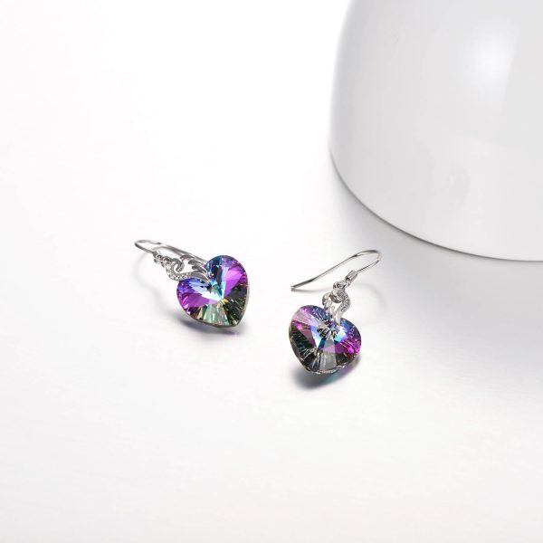 Sterling Silver Heart Purple Crystal Drop Earrings-4