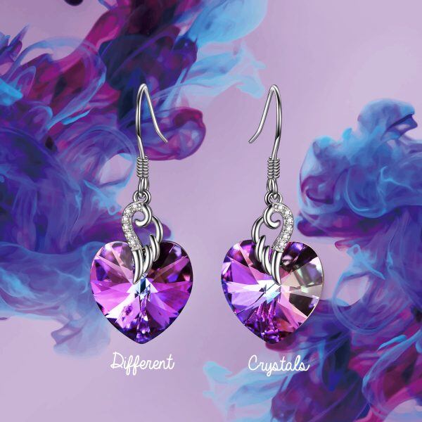 Sterling Silver Heart Purple Crystal Drop Earrings-5